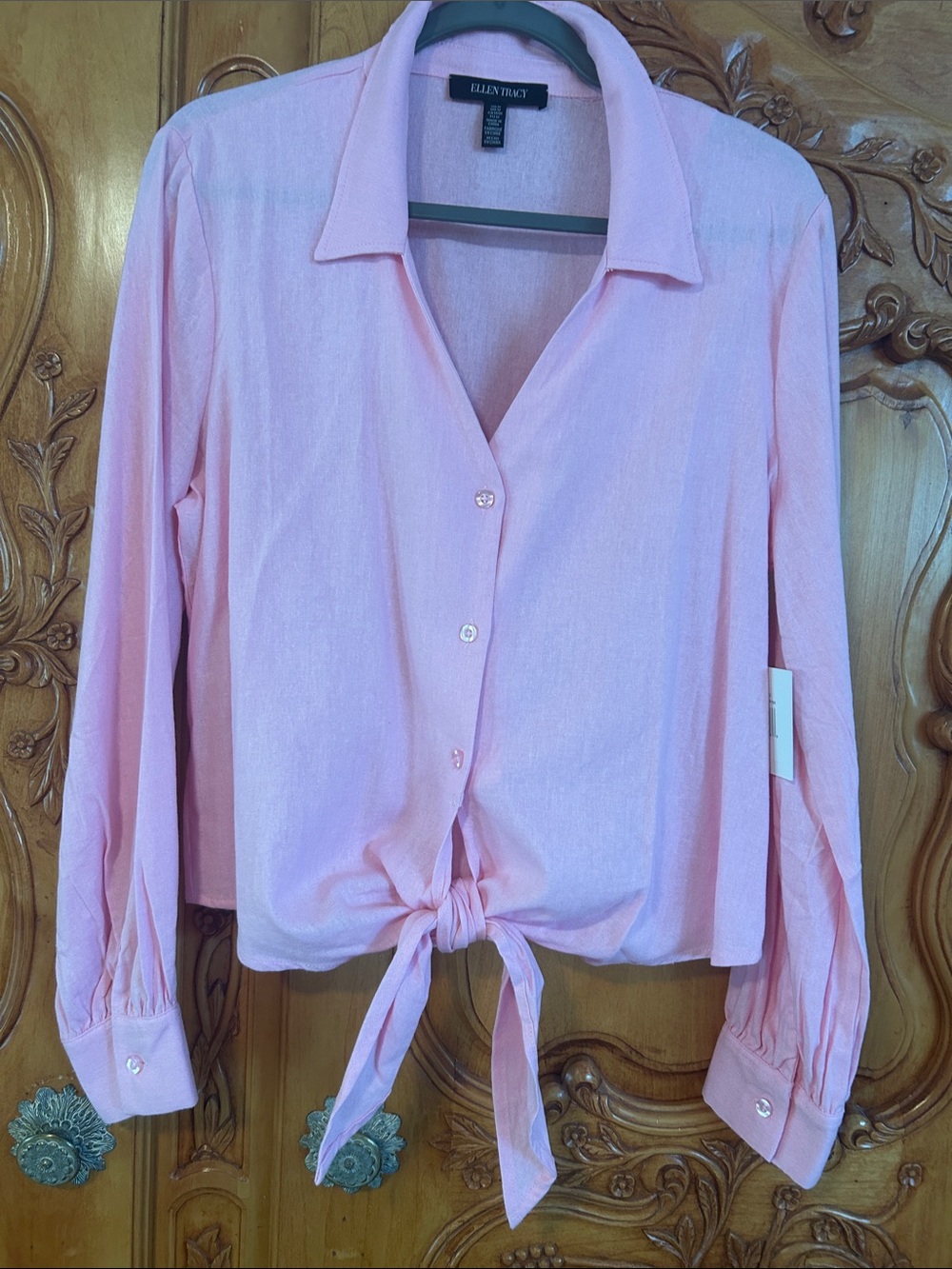 Ellen Tracy Light Pink Tie-Front Button Down Shirt